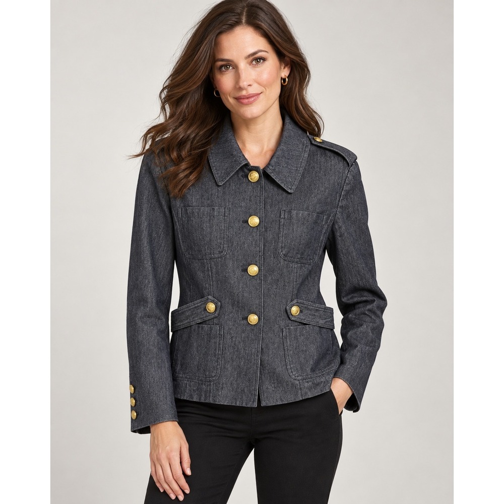Sandro Sportswear Womens L Charcoal Denim Military Utility Jacket Gold Buttons